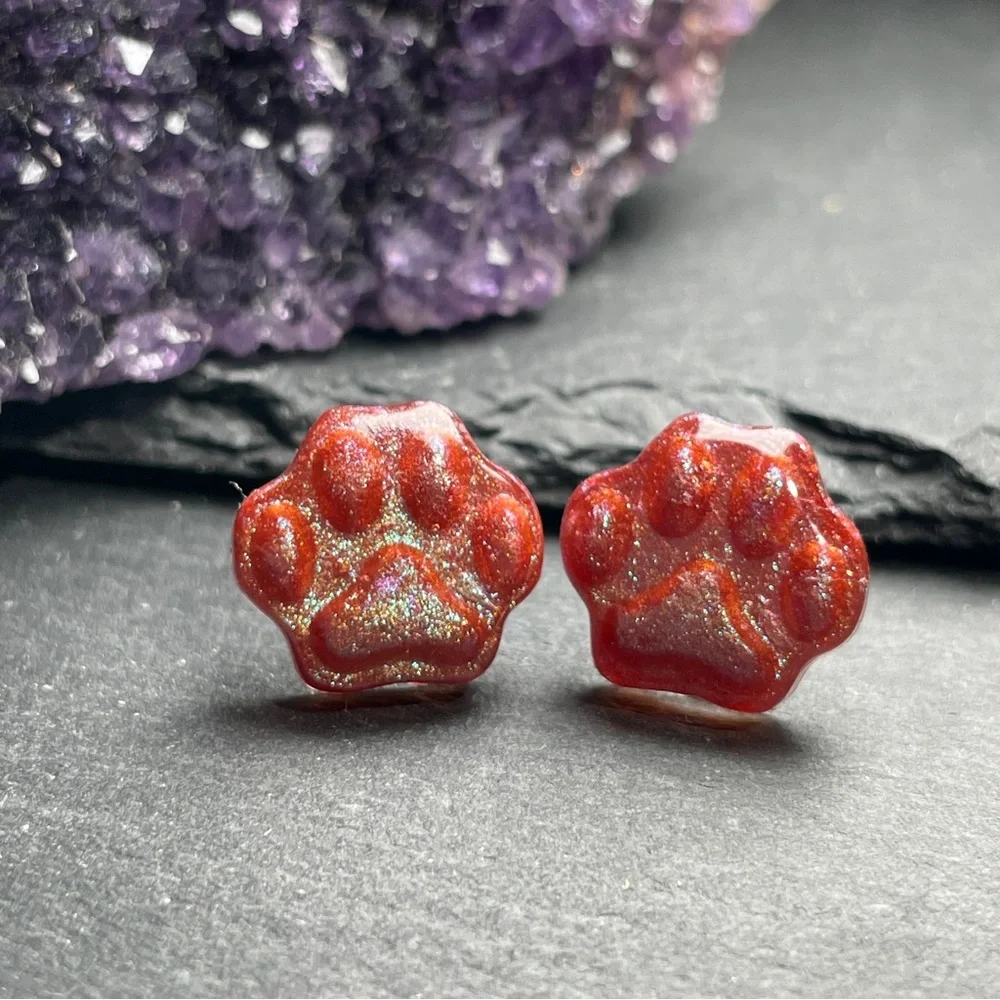 Glitter Resin Hand Poured Resin Paw Stud Earrings - Picture 3 of 10
